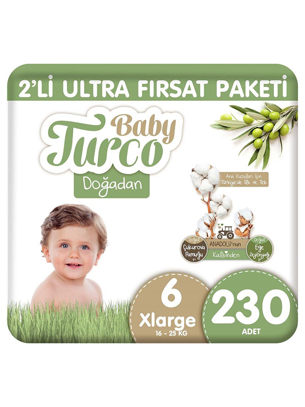 Baby Turco Doğadan 2'li Ultra Fırsat Paketi Bebek Bezi 6 Numara Xlarge 230 Adet