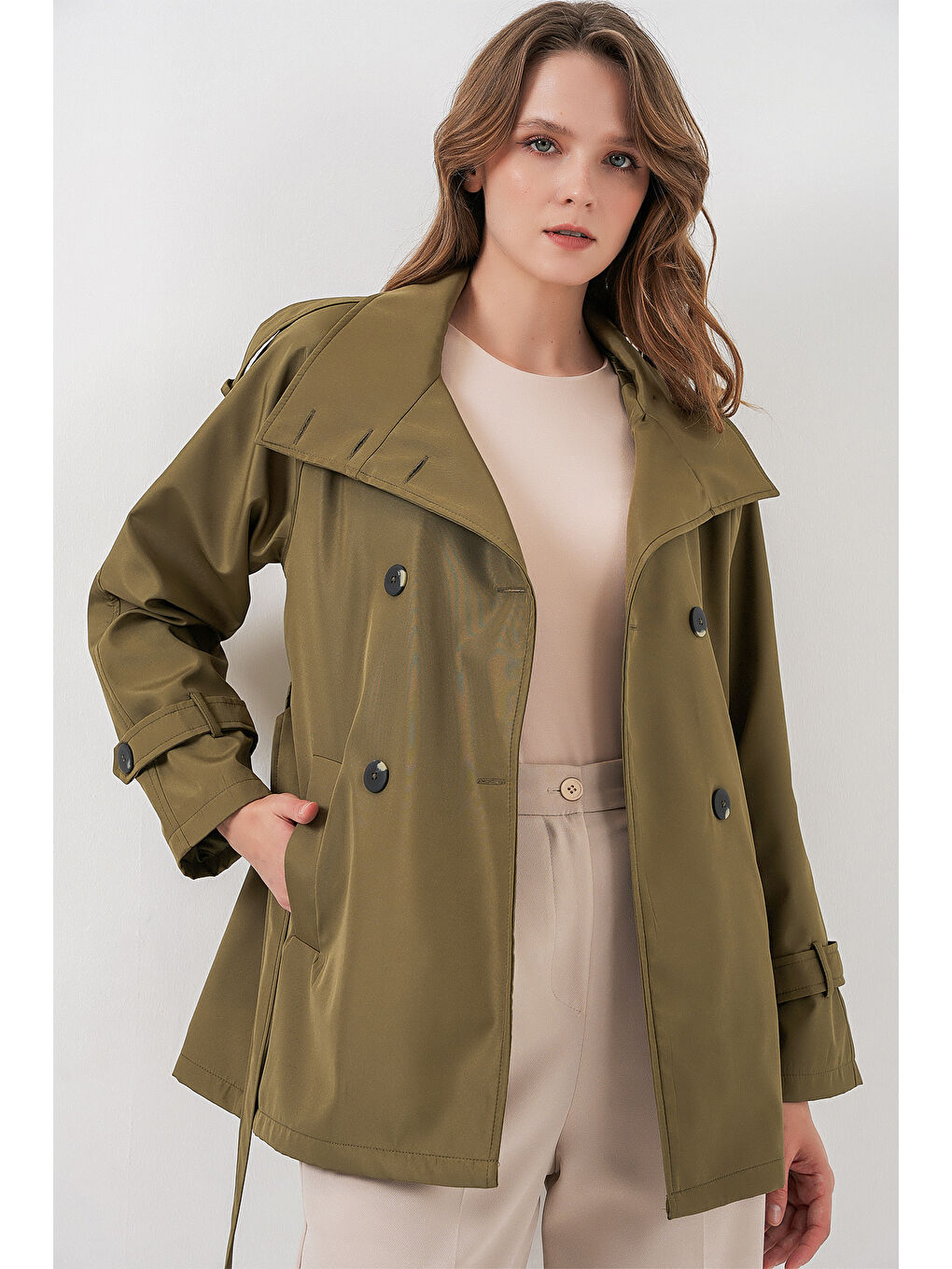 Kadın Kruvaze Yaka Kısa Trençkot 5980 - Haki-3