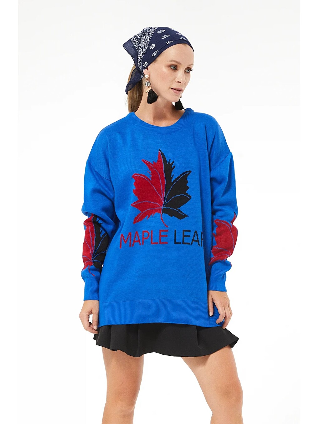 Kırmızı Maple Leaf Desenli Triko Kazak-1