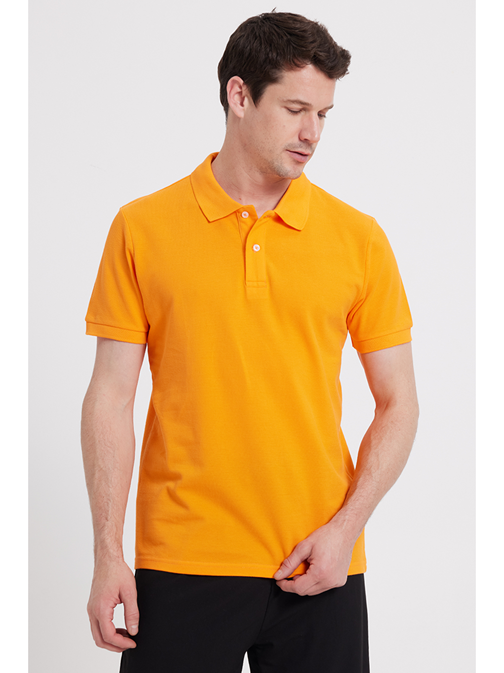 Erkek Slim Fit Dar Kesim %100 Pamuk Kısa Kollu Polo Yaka Turuncu Tişört-2
