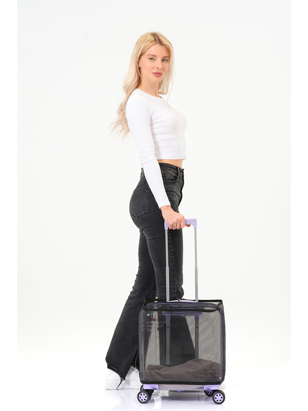 Şeffaf Evcil Hayvan Valizi Lila Aksesuarlı – 360° Döner Tekerlekli-1