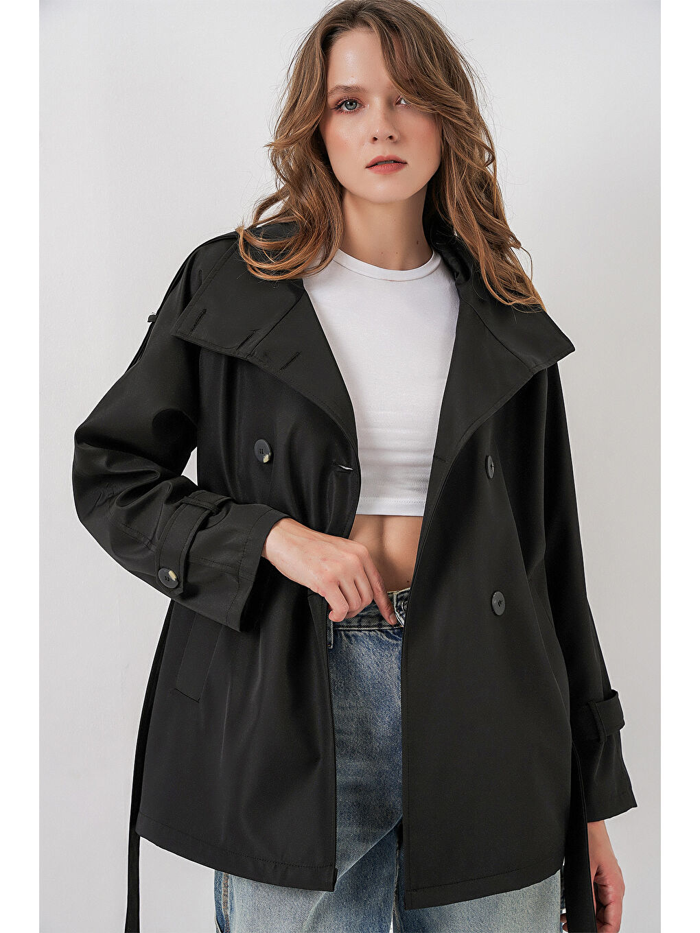 Kadın Kruvaze Yaka Kısa Trençkot 5980 - Siyah-2