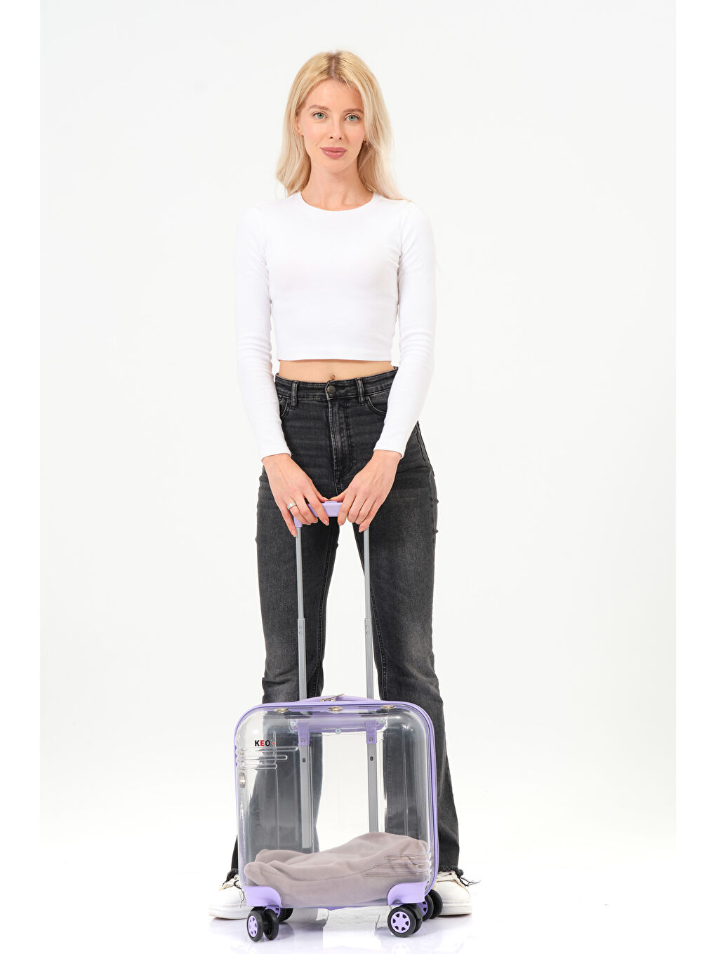 Şeffaf Evcil Hayvan Valizi Lila Aksesuarlı – 360° Döner Tekerlekli-2