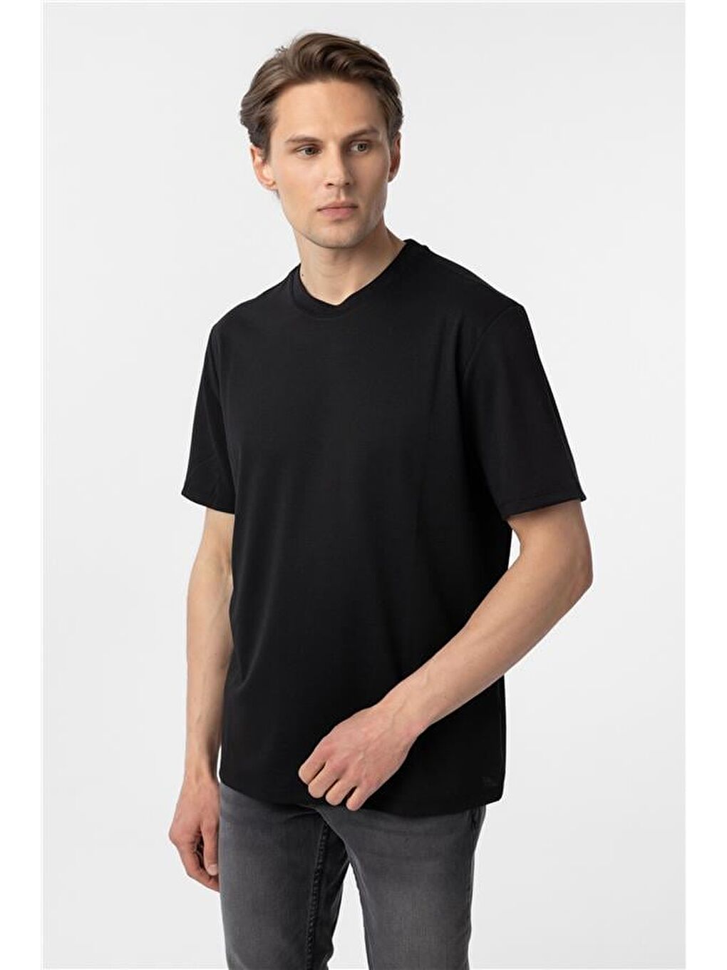 Siyah Slim Armürlü Bisiklet Yaka Tişört-2