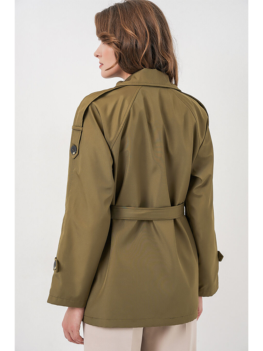 Kadın Kruvaze Yaka Kısa Trençkot 5980 - Haki-5