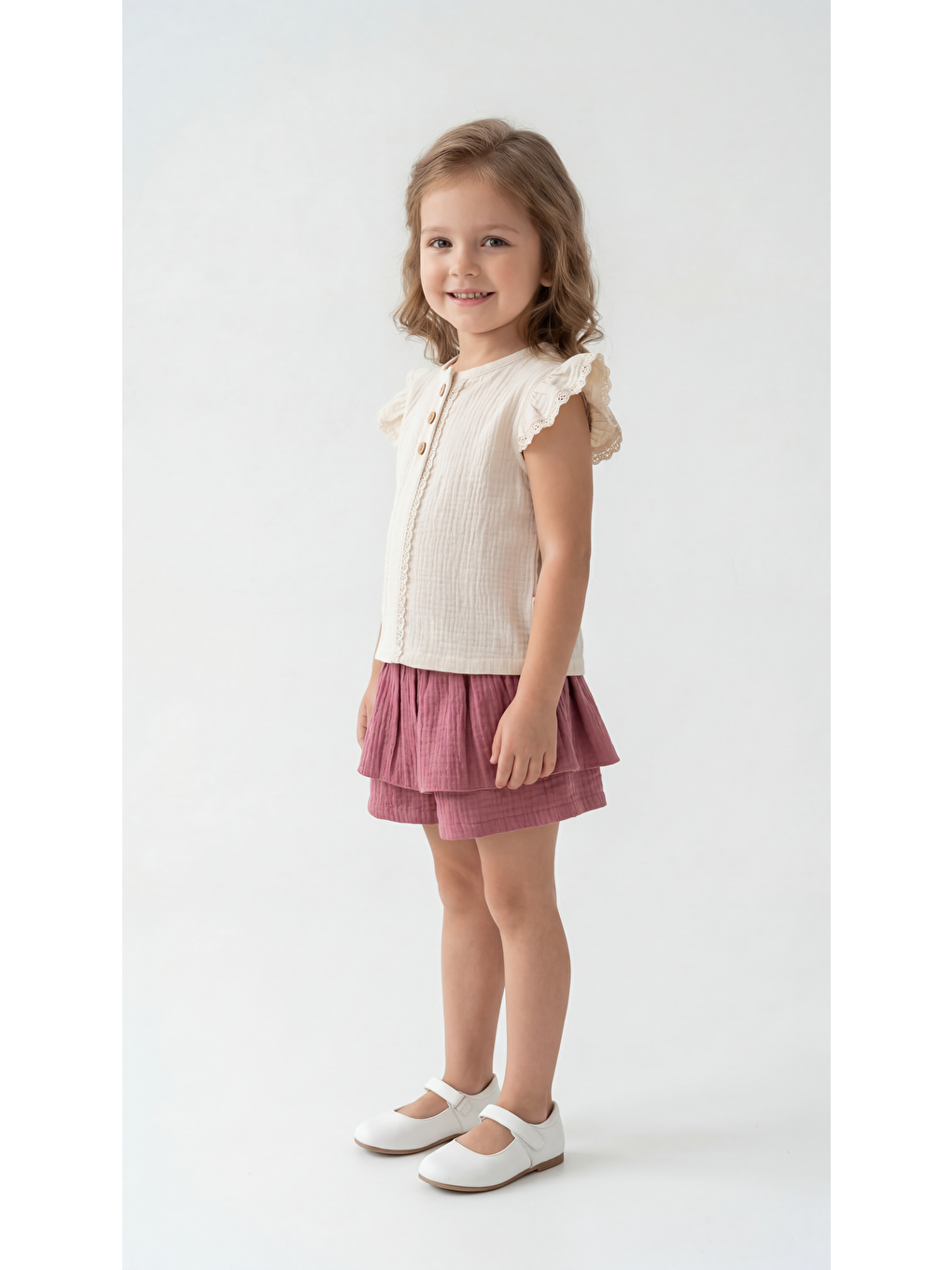 Pembe Düğmeli Dantelli Kız Çocuk Alt Üst Takım-1