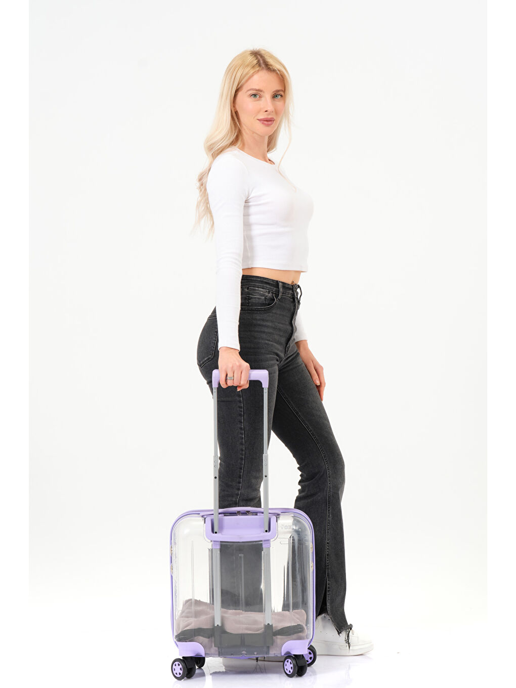 Şeffaf Evcil Hayvan Valizi Lila Aksesuarlı – 360° Döner Tekerlekli-6