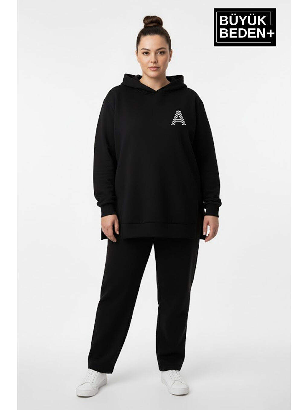 Siyah Büyük Beden Kapüşonlu A Baskılı Tunik ince Sweatshırt SPR26BTK991-3
