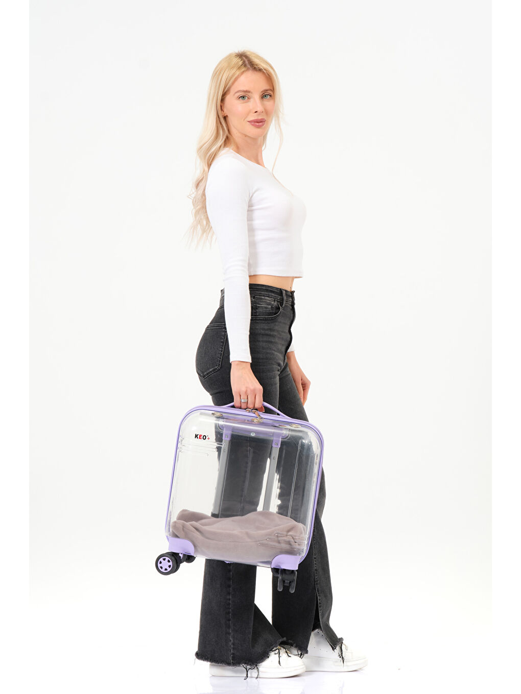 Şeffaf Evcil Hayvan Valizi Lila Aksesuarlı – 360° Döner Tekerlekli-7