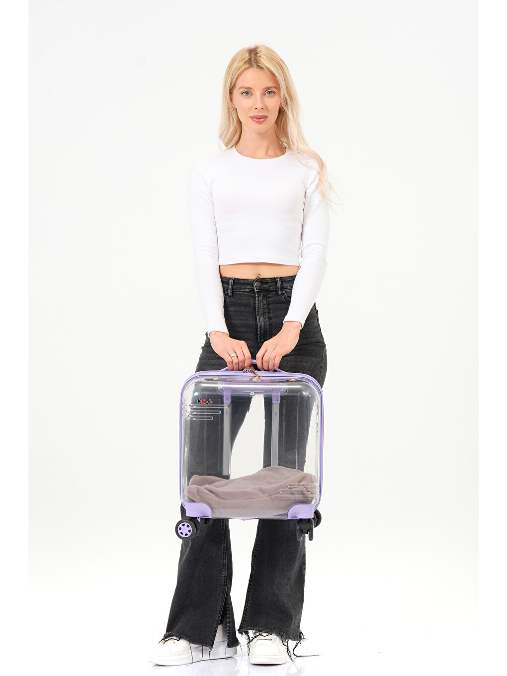 Şeffaf Evcil Hayvan Valizi Lila Aksesuarlı – 360° Döner Tekerlekli-8