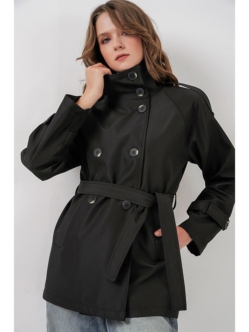Kadın Kruvaze Yaka Kısa Trençkot 5980 - Siyah-3