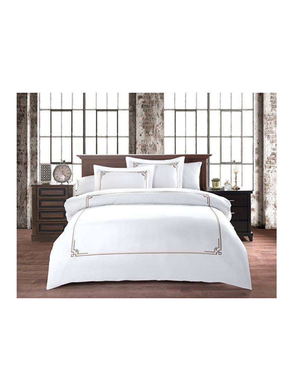 Line Pano Nakışlı %100 Pamuk Saten Çift Kişilik Nevresim Takımı Kahverengi-1