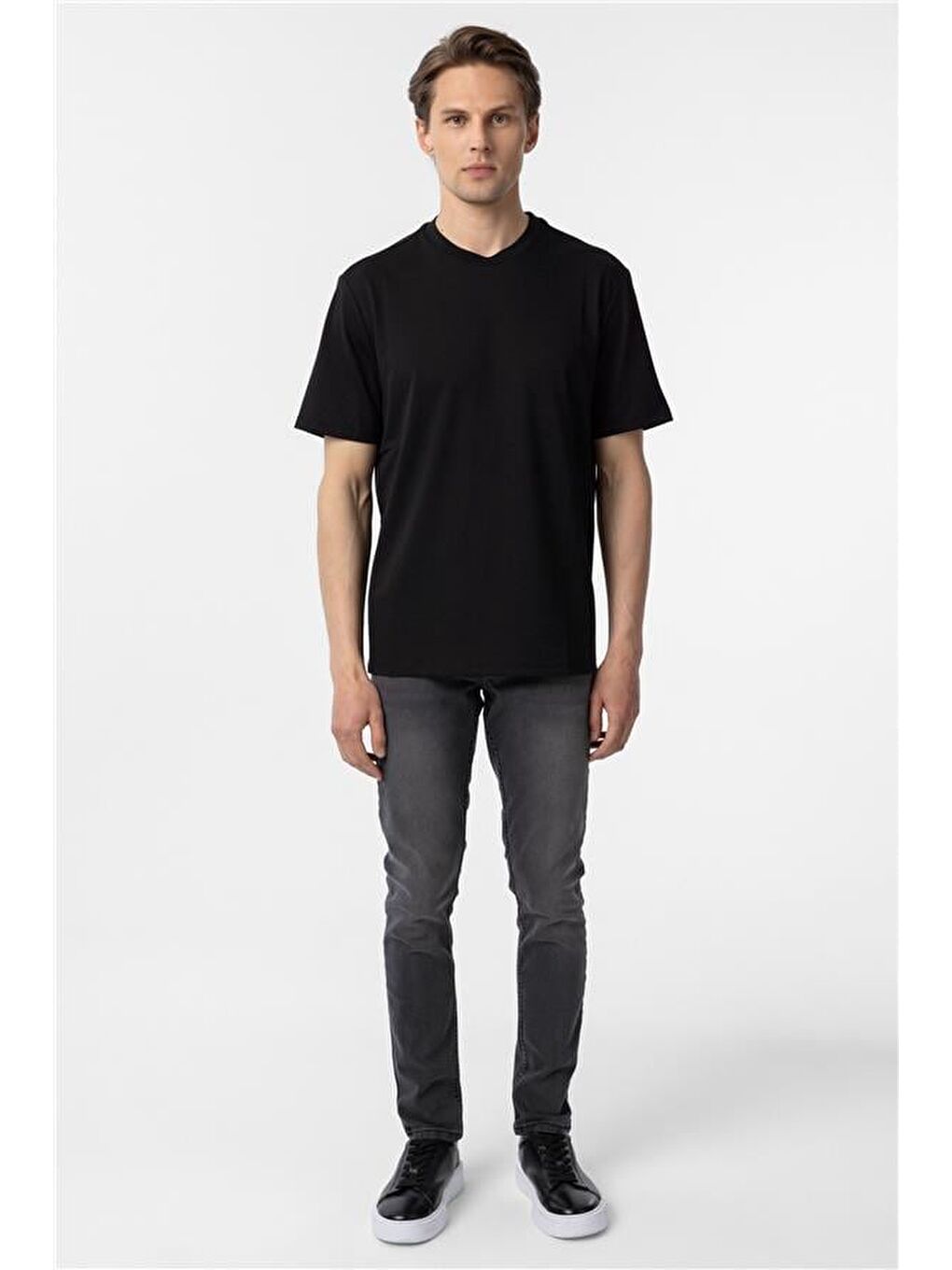 Siyah Slim Armürlü Bisiklet Yaka Tişört-5