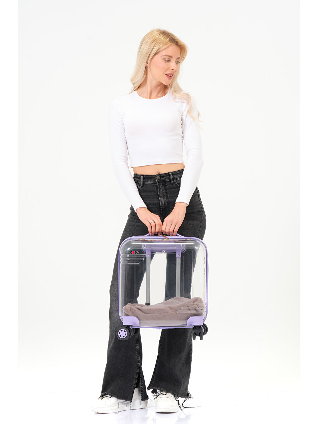 Şeffaf Evcil Hayvan Valizi Lila Aksesuarlı – 360° Döner Tekerlekli-9