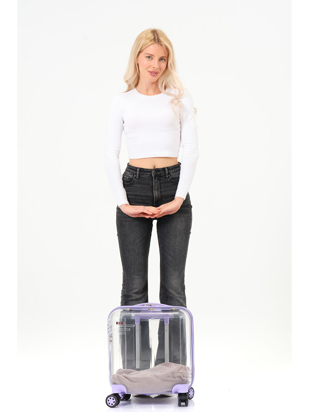 Şeffaf Evcil Hayvan Valizi Lila Aksesuarlı – 360° Döner Tekerlekli-10