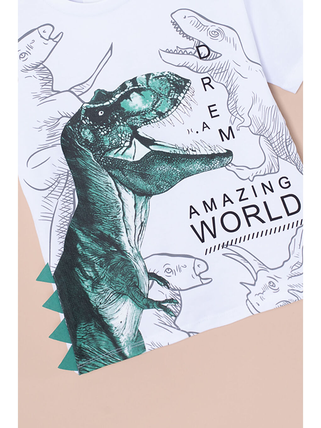 Ekru Dinozor Baskılı Bisiklet Yaka Erkek Bebek Tişört 20952-1