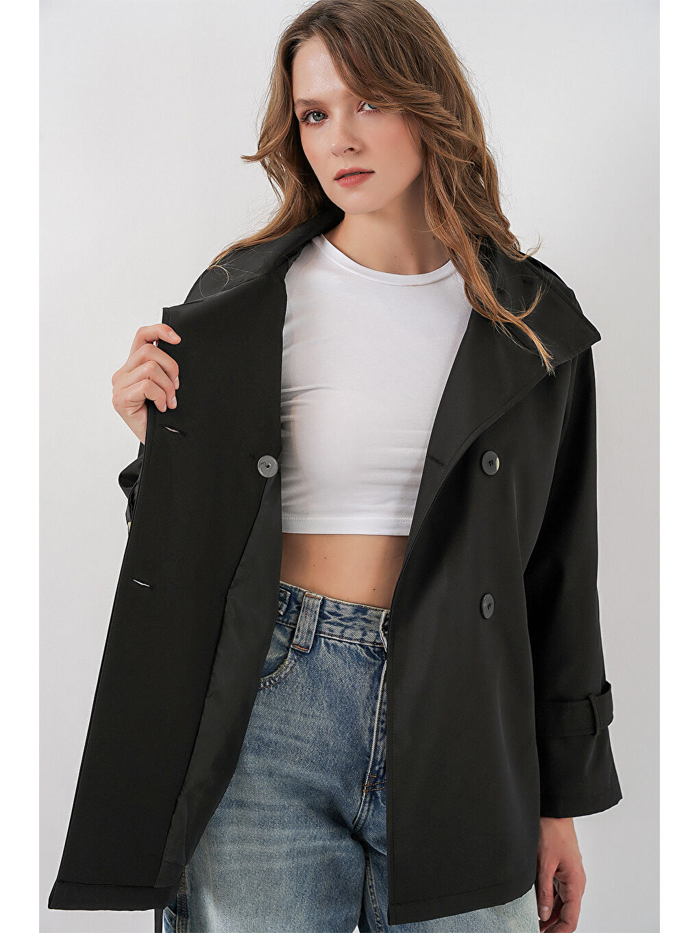 Kadın Kruvaze Yaka Kısa Trençkot 5980 - Siyah-4