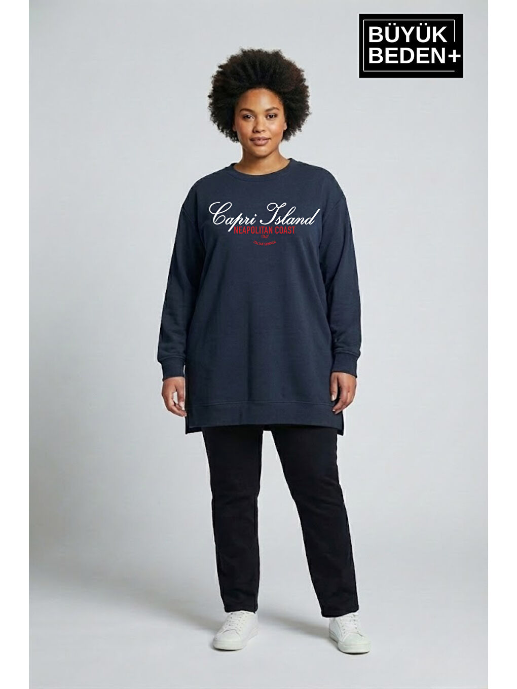 Mavi Kadın Tunik Büyük Beden Capri Island Baskılı ince Sweatshırt SPR26BTK990-1