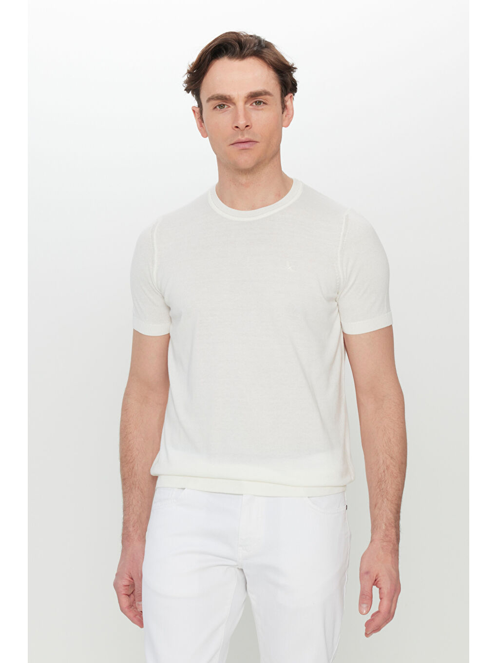Erkek Ekru Pamuklu Standart Fit Normal Kesim Bisiklet Yaka Triko Tişört