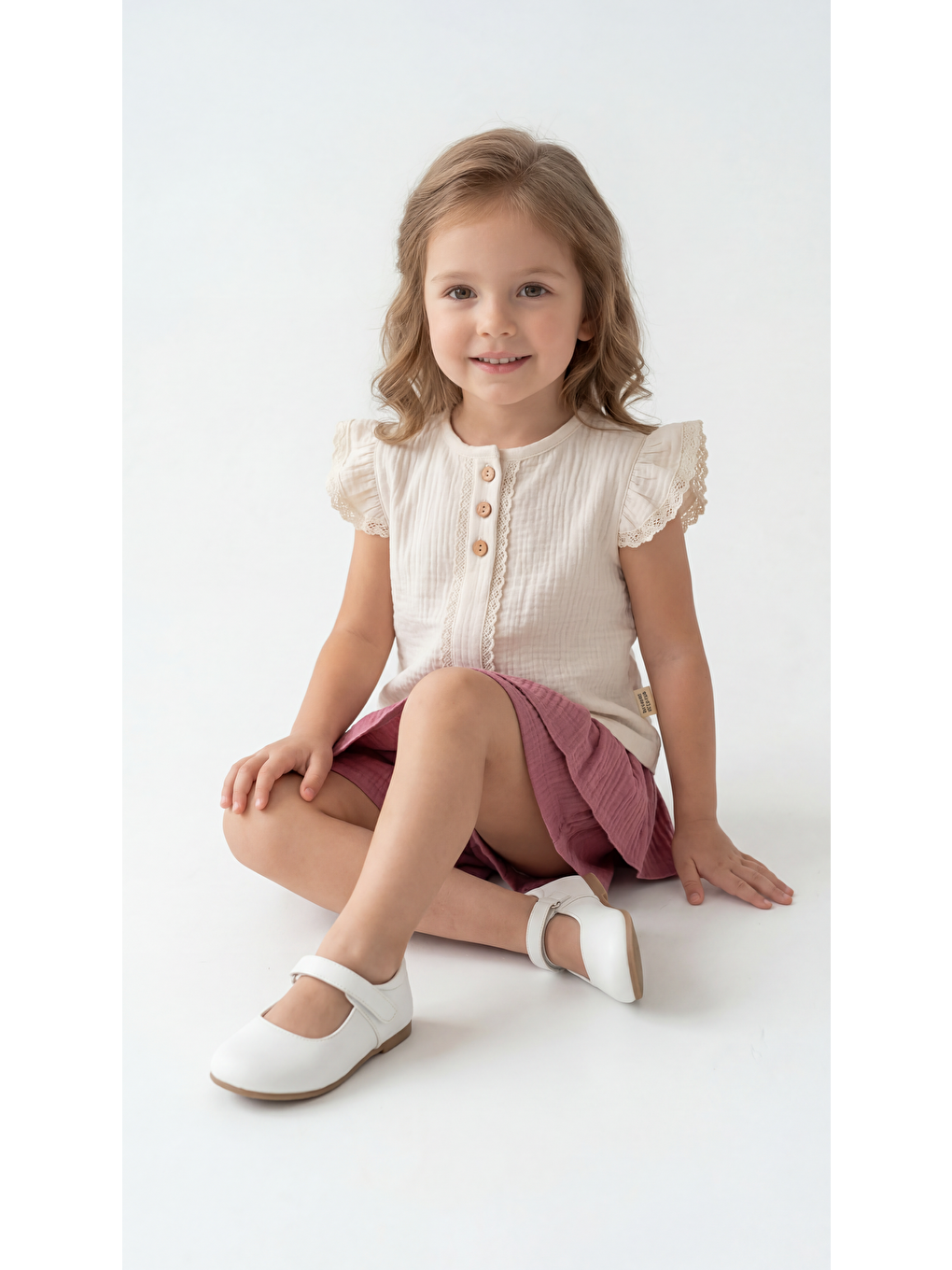 Pembe Düğmeli Dantelli Kız Çocuk Alt Üst Takım-3