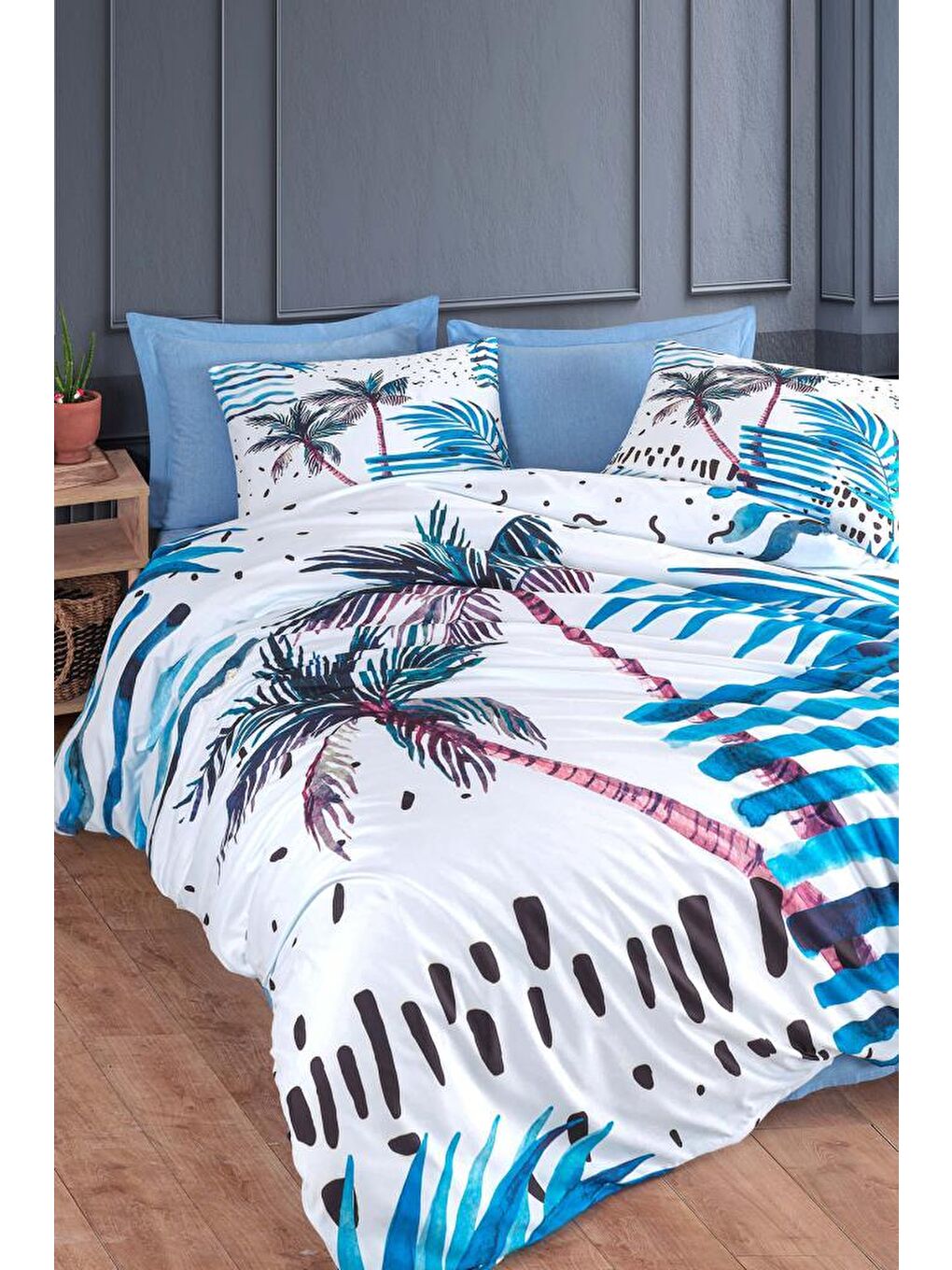Palm %100 Pamuk Çift Kişilik Nevresim Takımı Mavi