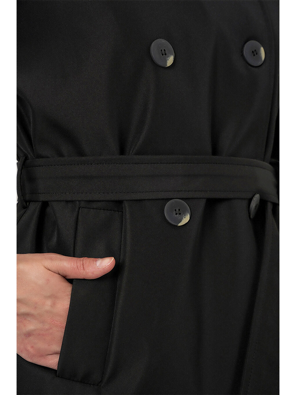 Kadın Kruvaze Yaka Kısa Trençkot 5980 - Siyah-5