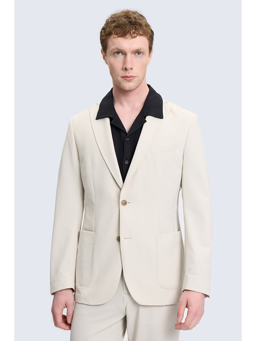 Bej Taş Slim Fit Mono Yaka Casual Takım Elbise-1