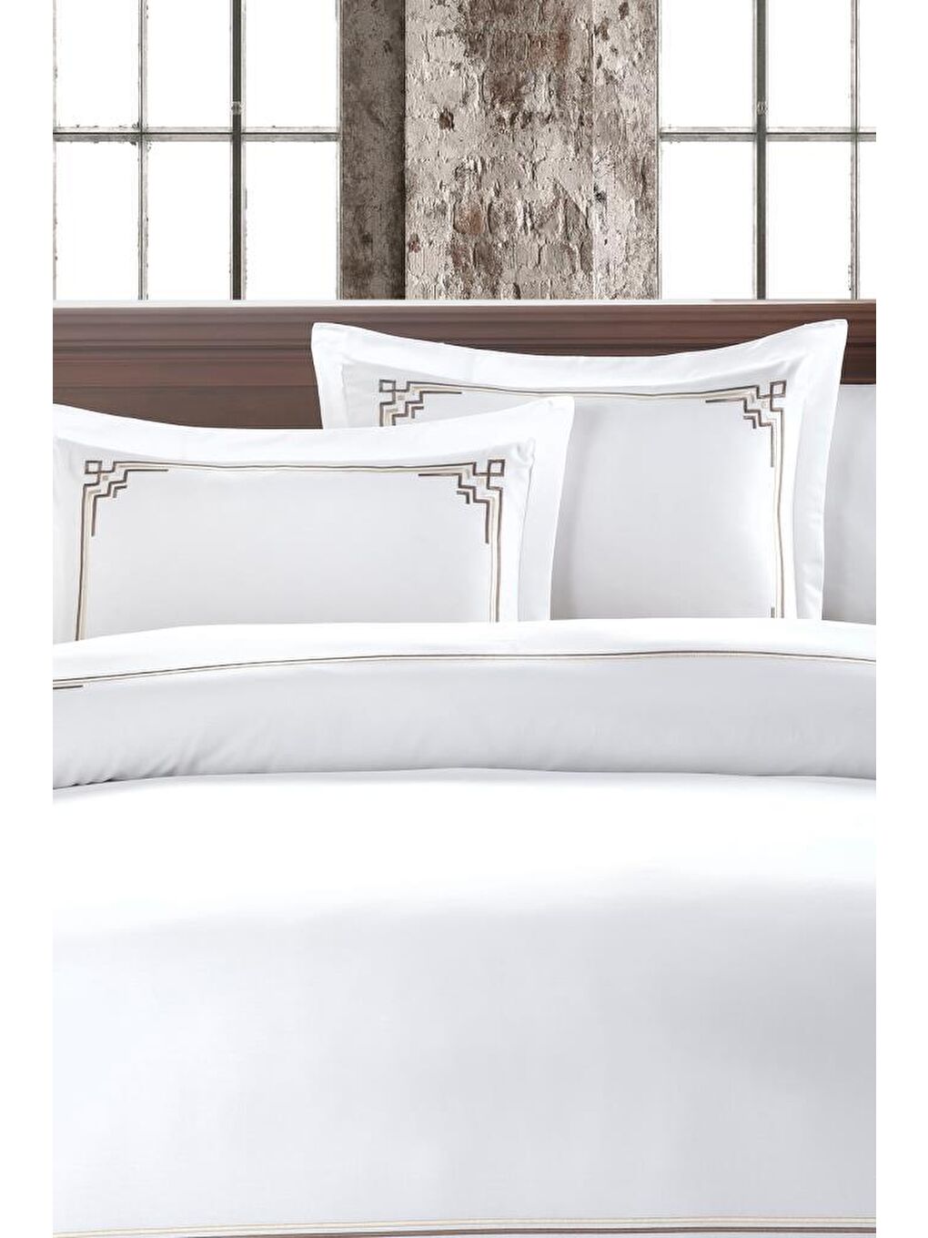 Line Pano Nakışlı %100 Pamuk Saten Çift Kişilik Nevresim Takımı Kahverengi-4