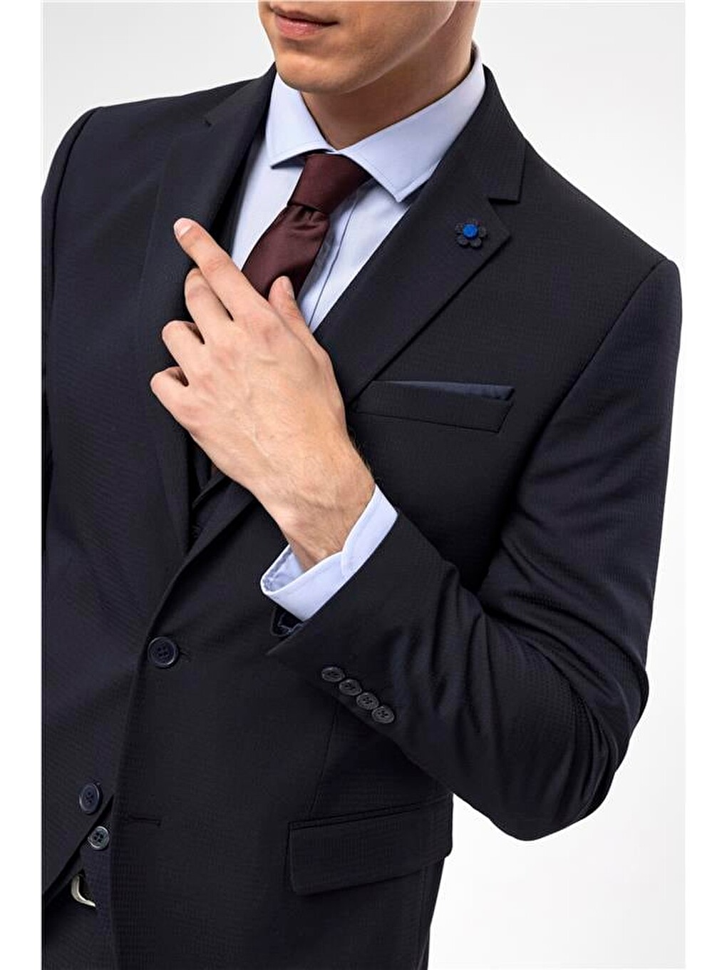 Lacivert Slim Armürlü Sivri Yaka 6 Drop Yelekli Takım Elbise-8