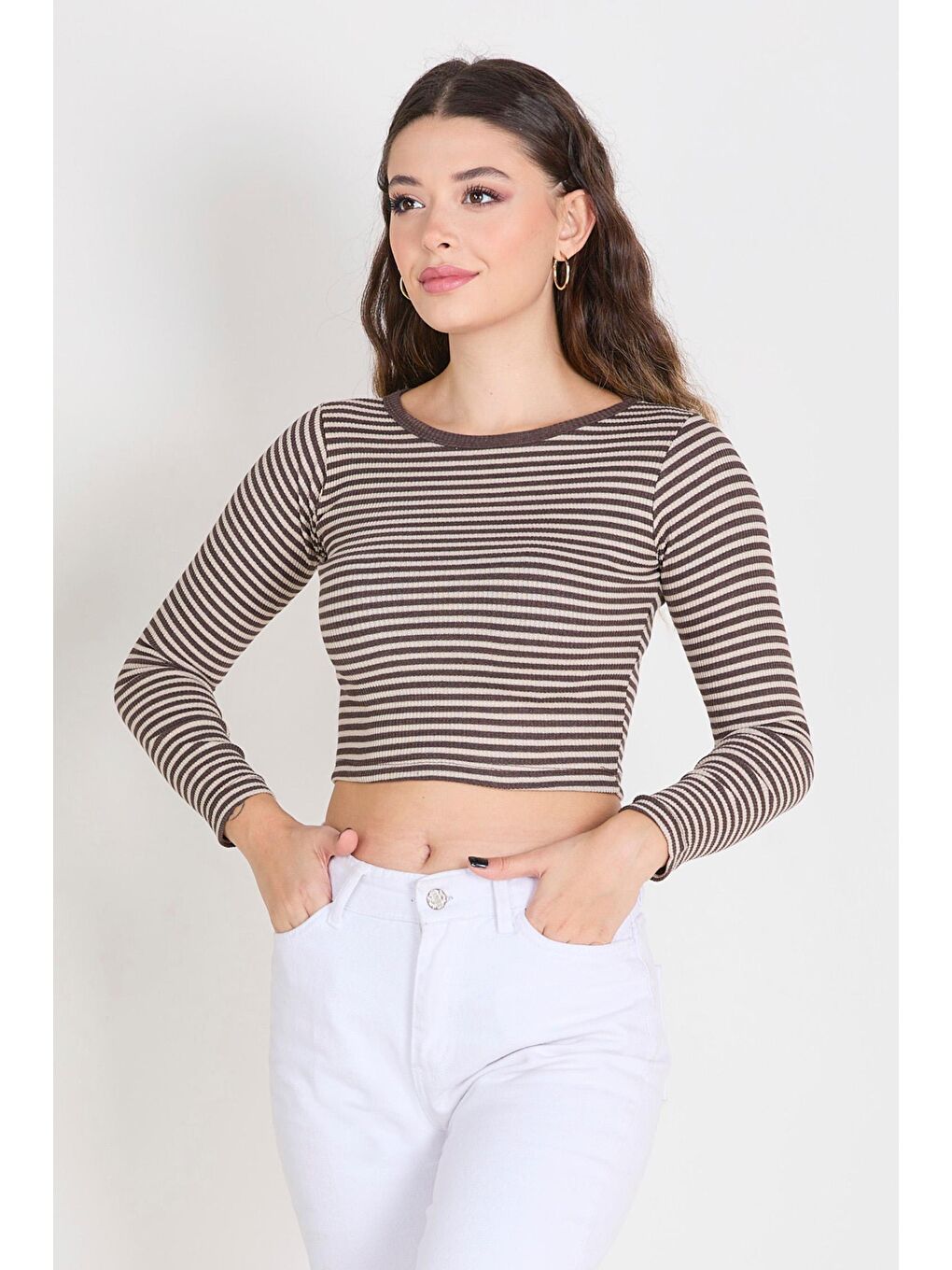 Bisiklet Yaka Kadın Kahverengi Crop - 23392