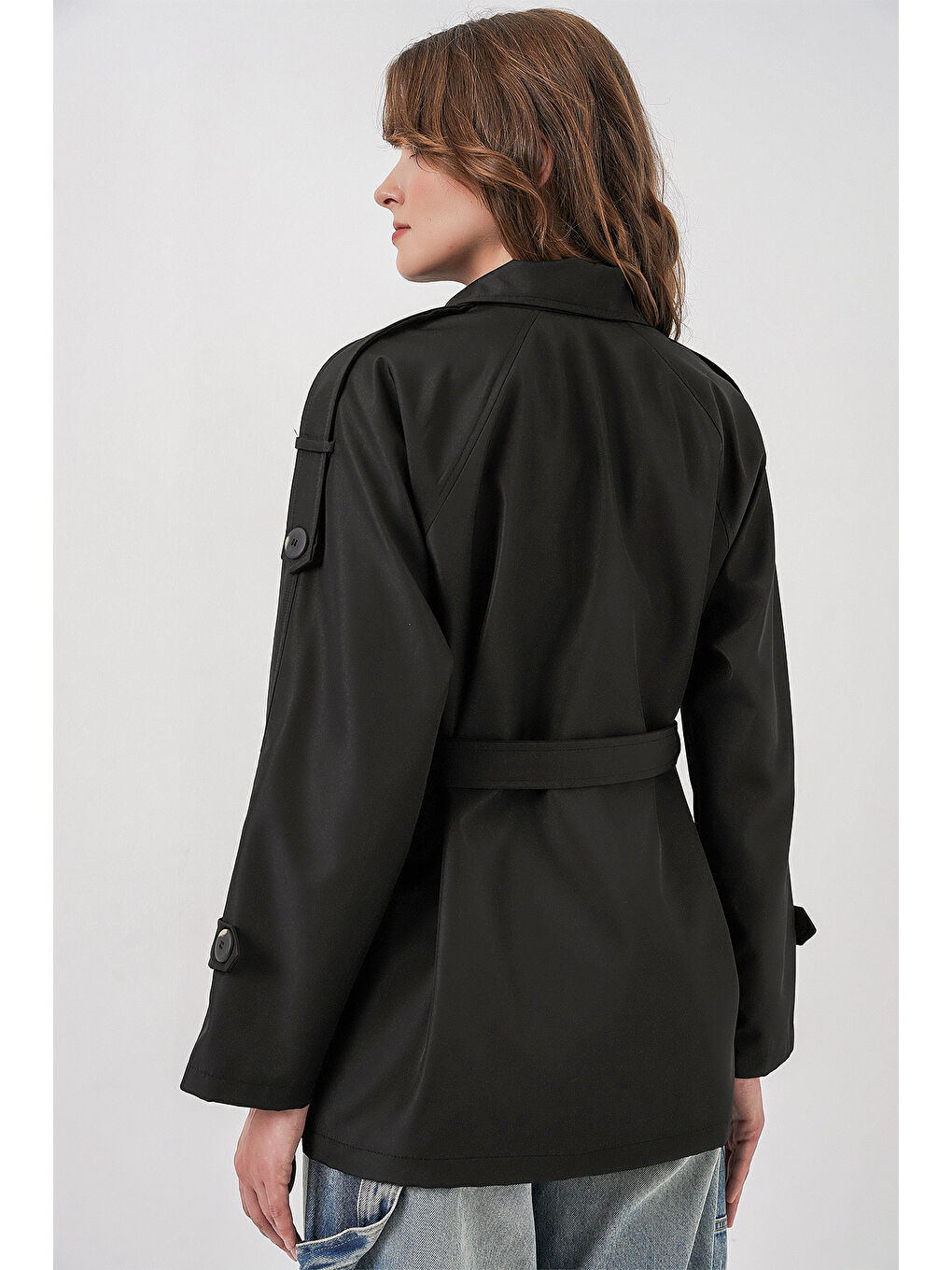 Kadın Kruvaze Yaka Kısa Trençkot 5980 - Siyah-6