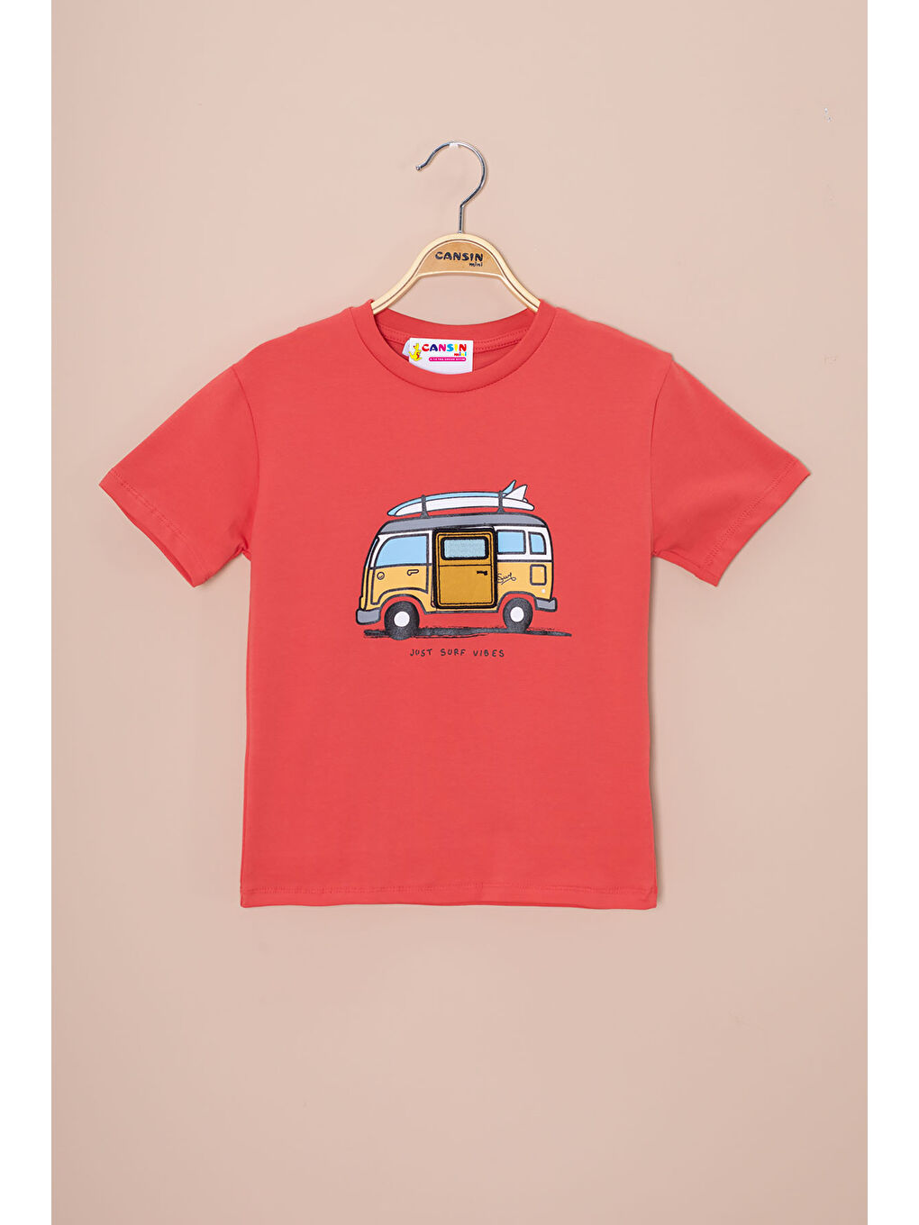 Kahverengi Kiremit Araba Baskılı Nakış Detaylı Erkek Çocuk Bisiklet Yaka Tişört 20954