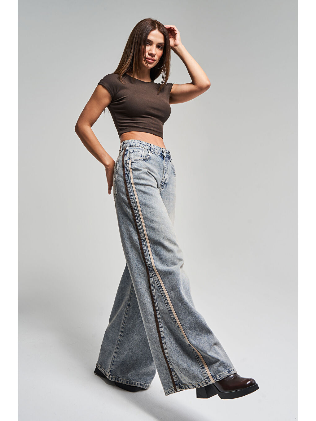 Mavi Kadın T.Kot Rengi 4S5-67 Şerit Detaylı Palazzo Fit Tasarım %100 Pamuk Denim Jean-1