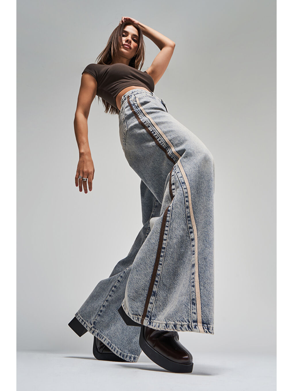 Mavi Kadın T.Kot Rengi 4S5-67 Şerit Detaylı Palazzo Fit Tasarım %100 Pamuk Denim Jean-2