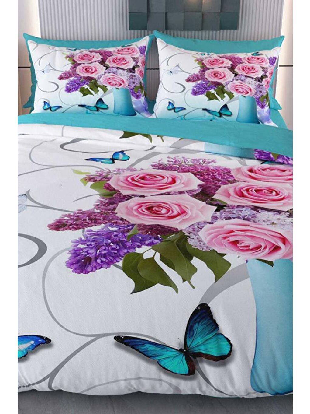 Mavi Vazo Mikro Saten 3D Dijital Baskılı Çift Kişilik Nevresim Takımı