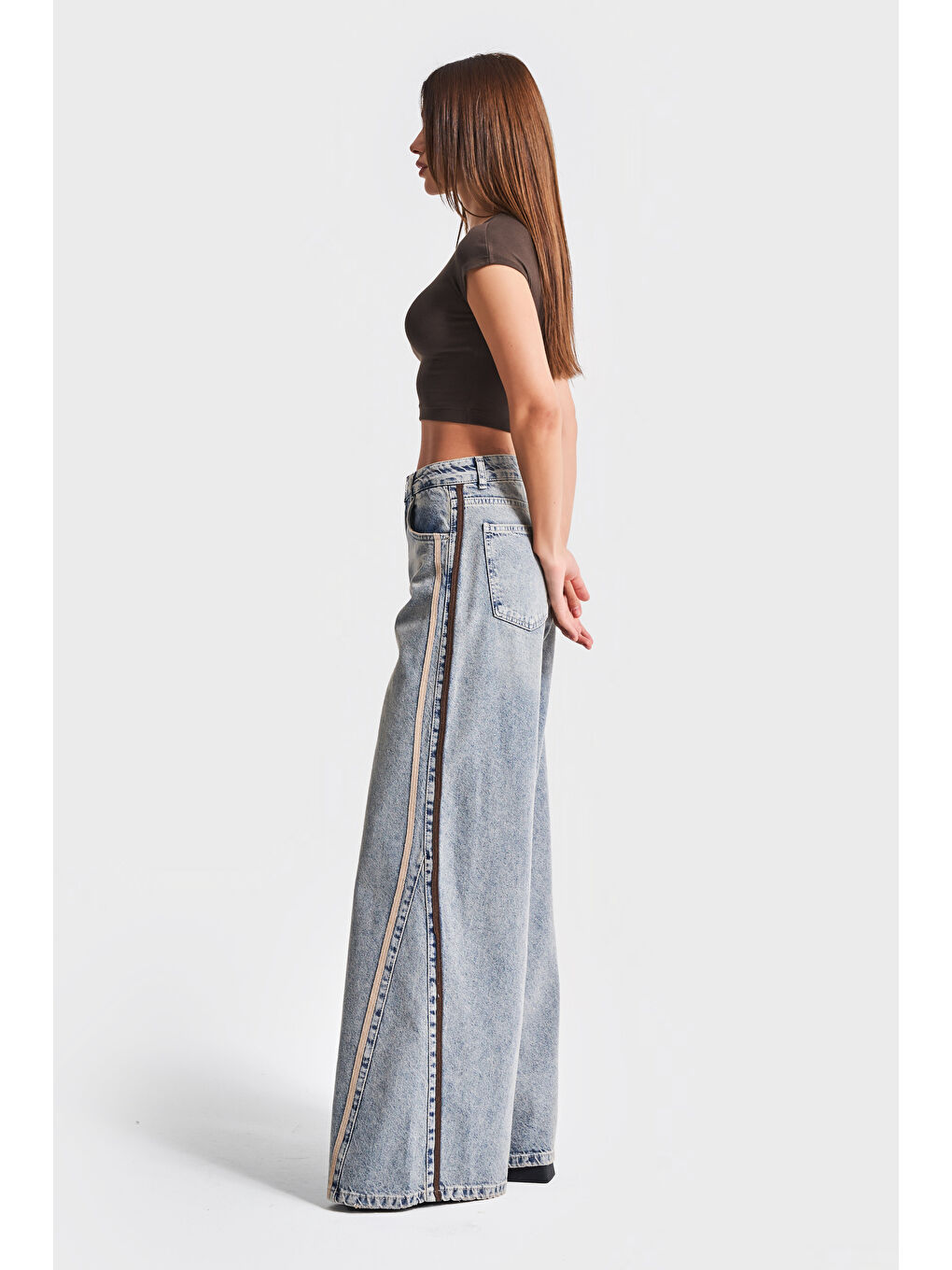 Mavi Kadın T.Kot Rengi 4S5-67 Şerit Detaylı Palazzo Fit Tasarım %100 Pamuk Denim Jean-4