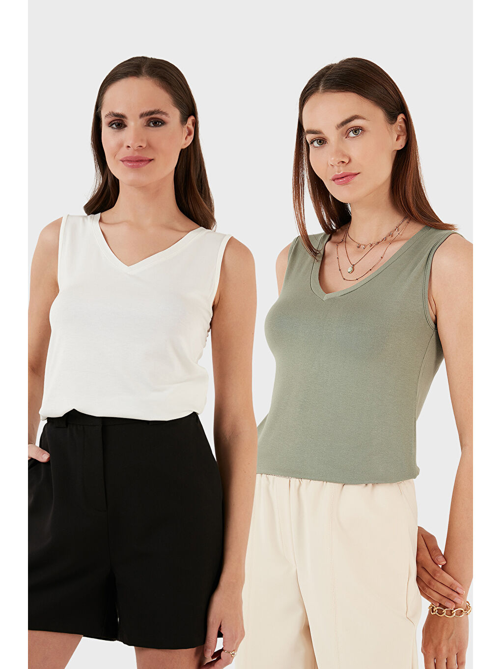 Haki Slim Fit V Yaka Kalın Askılı 2' li Paket Kadın Bluz 5864384S2