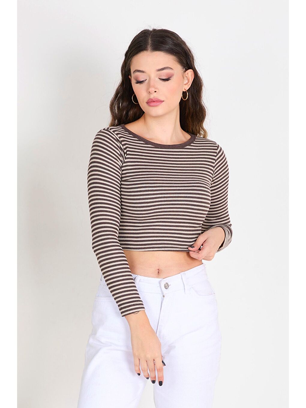 Bisiklet Yaka Kadın Kahverengi Crop - 23392-2