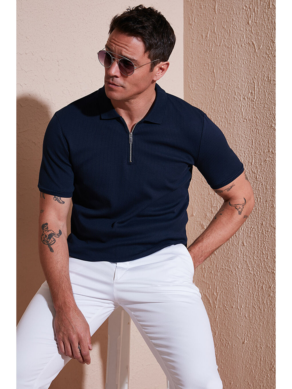 İndigo Pamuklu Regular Fit Fermuarlı Erkek Polo Yaka %100 Pamuk Tişört 5902738-2