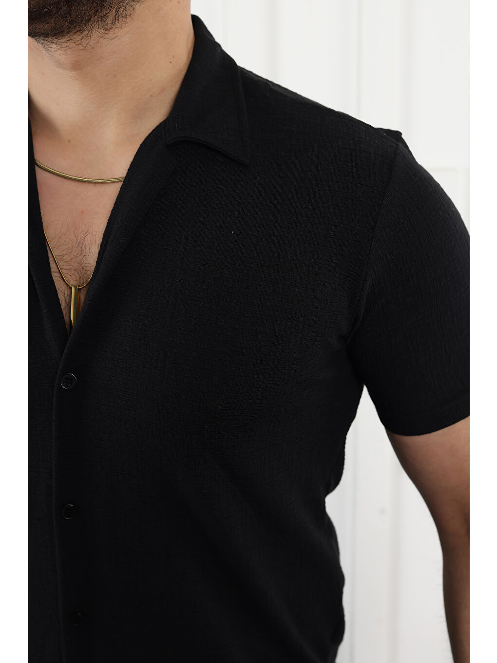 Siyah Kendinden Desenli Kısa Kol Keten Gömlek-1