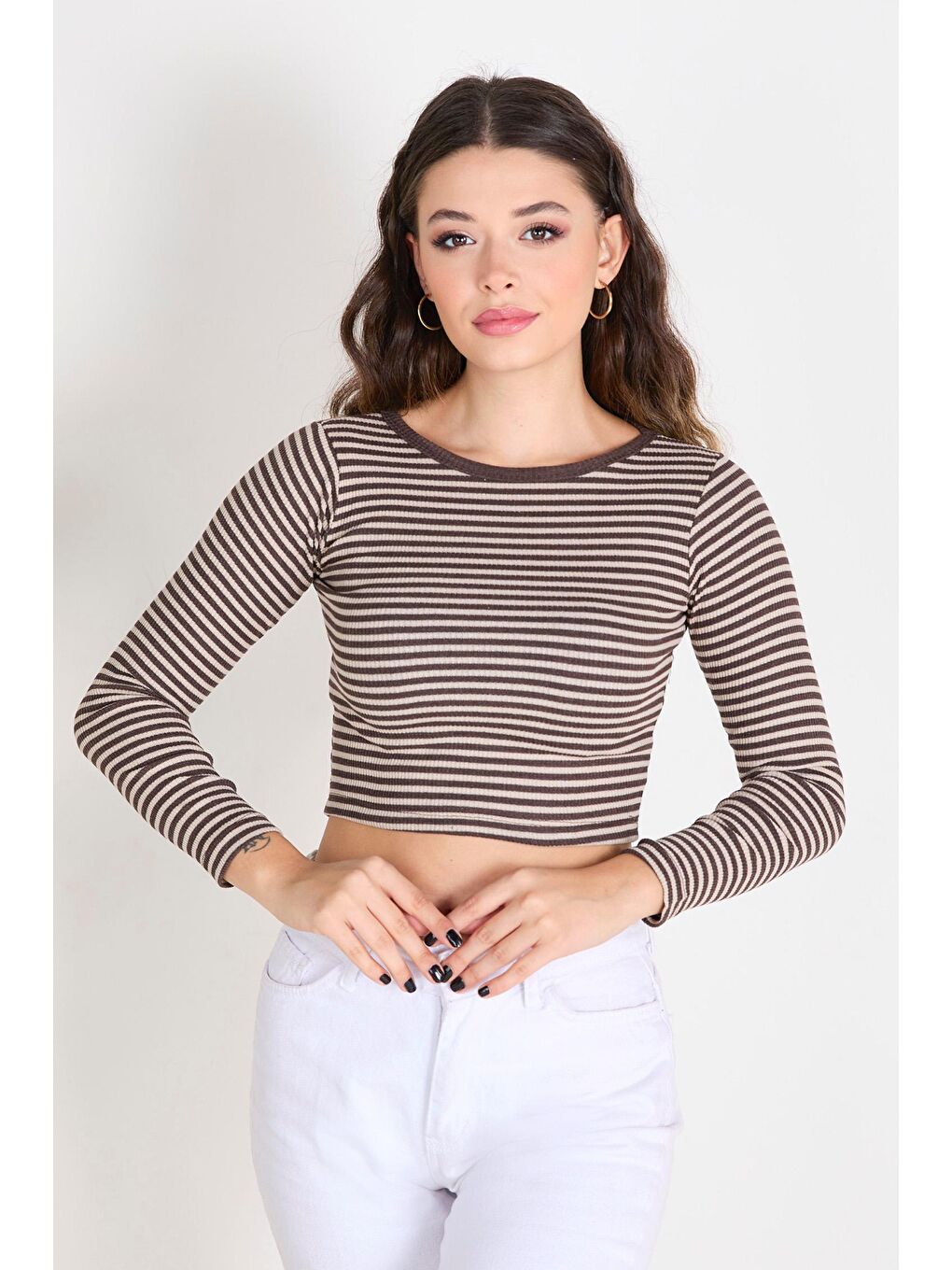 Bisiklet Yaka Kadın Kahverengi Crop - 23392-3