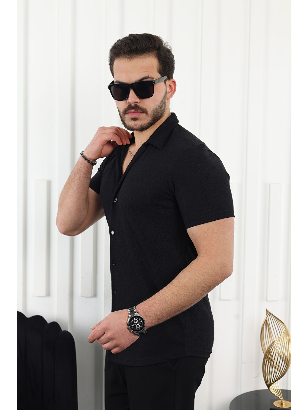 Siyah Kendinden Desenli Kısa Kol Keten Gömlek-2