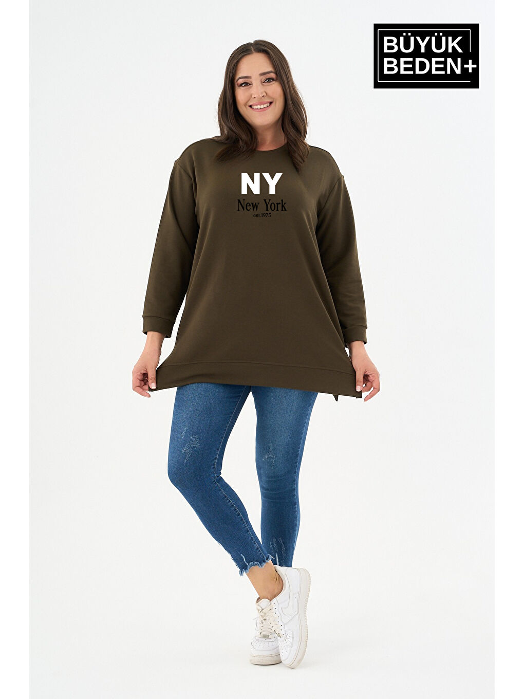 Haki Kadın Tunik Büyük Beden NY NEWYORK Baskılı ince Sweatshırt SPR26BTK990-1-1