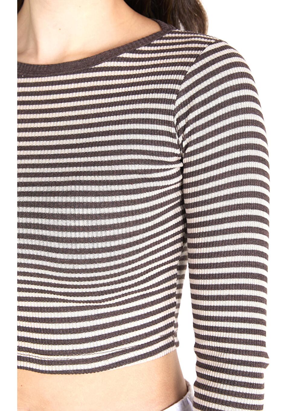 Bisiklet Yaka Kadın Kahverengi Crop - 23392-4