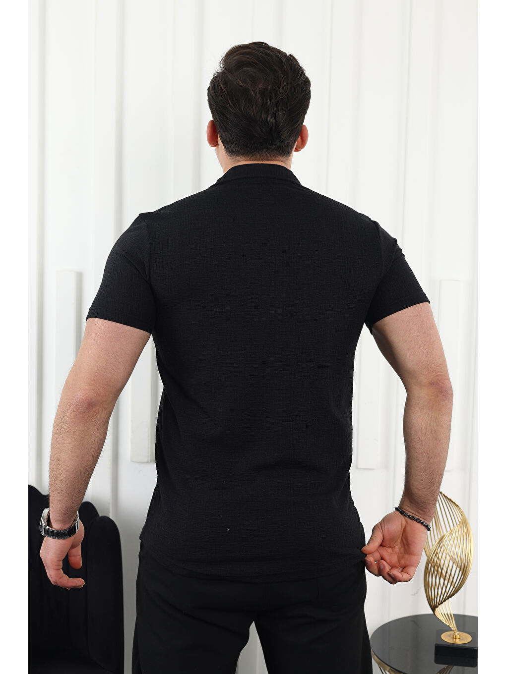 Siyah Kendinden Desenli Kısa Kol Keten Gömlek-3