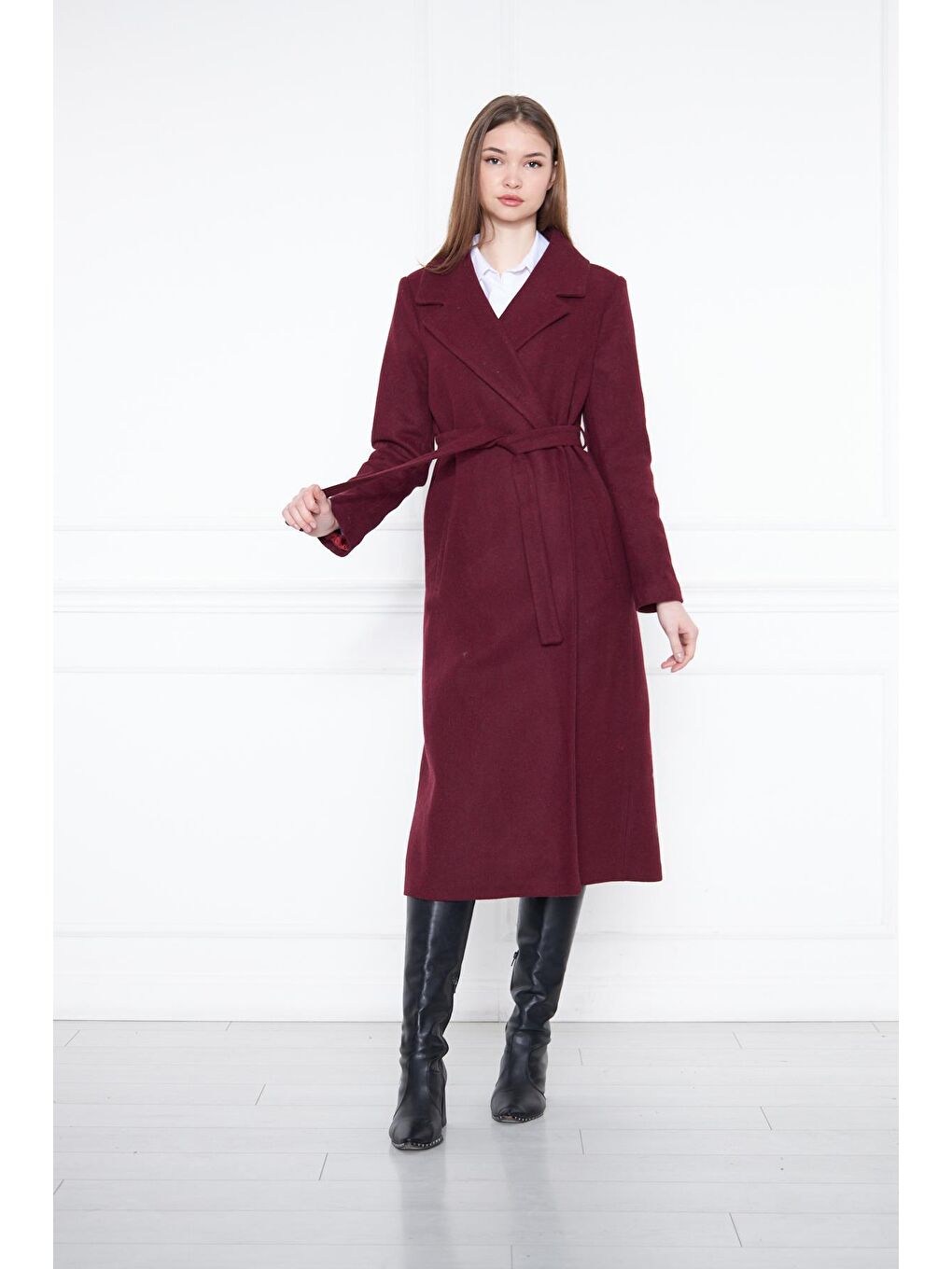 Kahverengi Kadın Kaşe Kaban Astarlı Kuşaklı-2