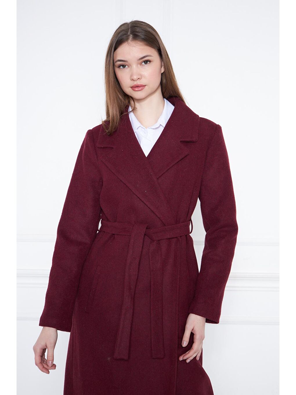 Kahverengi Kadın Kaşe Kaban Astarlı Kuşaklı-3