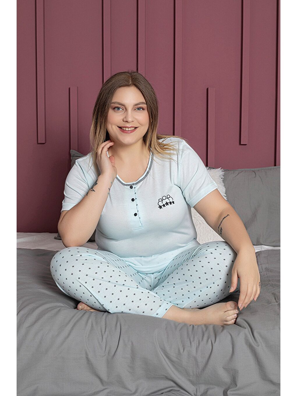 Mavi Çizgili Büyük Beden Pijama Takımı-1