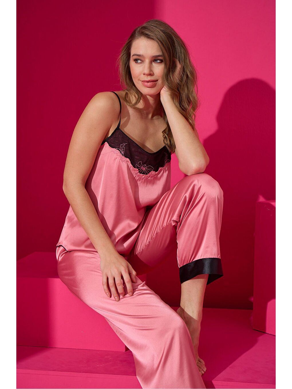 ELİTOL Siyah-Pembe Saten Pijama Takim 9503-5