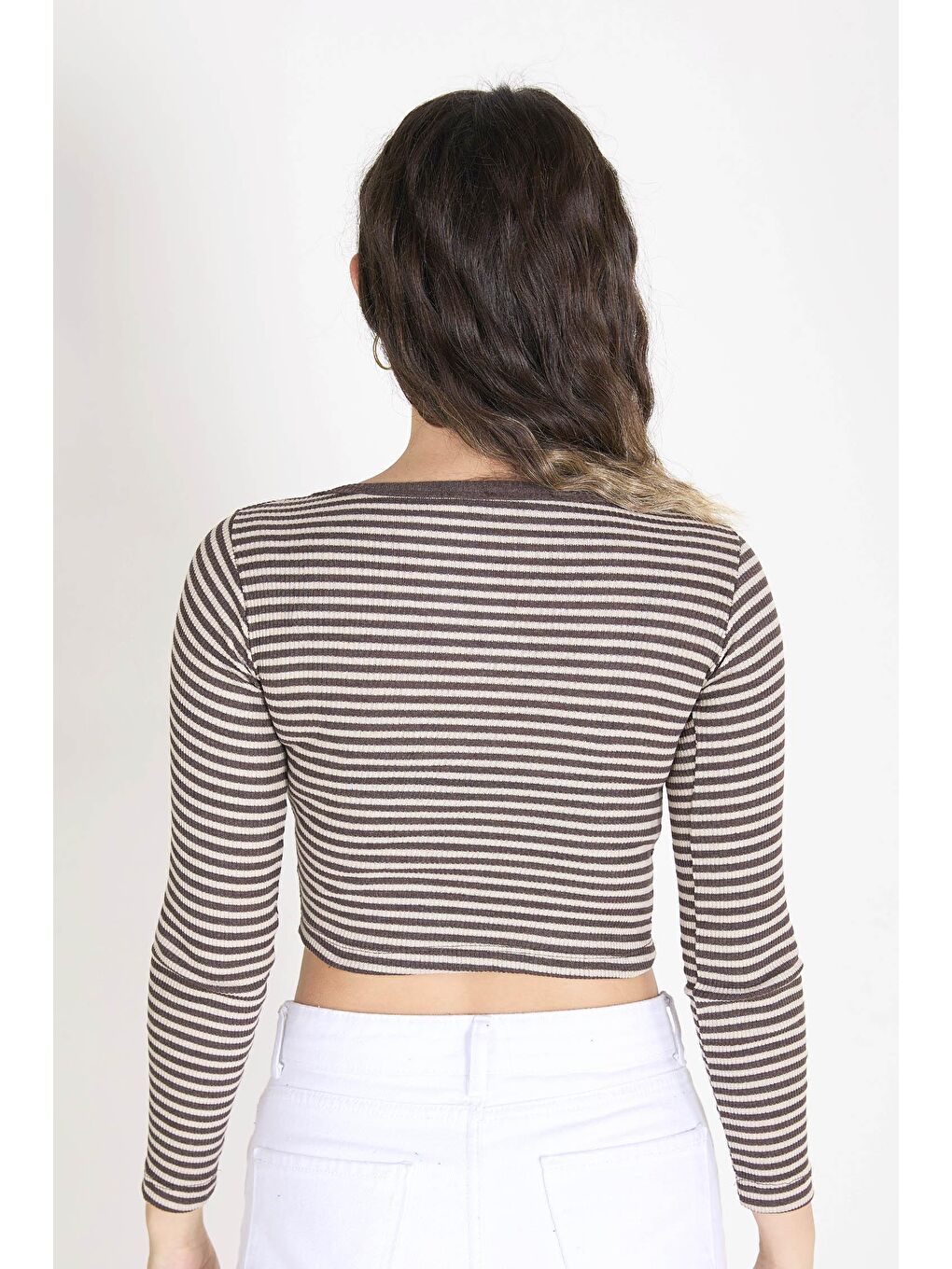 Bisiklet Yaka Kadın Kahverengi Crop - 23392-5